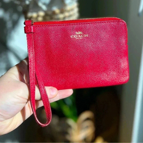 Coach Red Saffiano Leather Wristlet Pouch | Zip-Top Small Clutch | Wallet - Picture 1 of 11